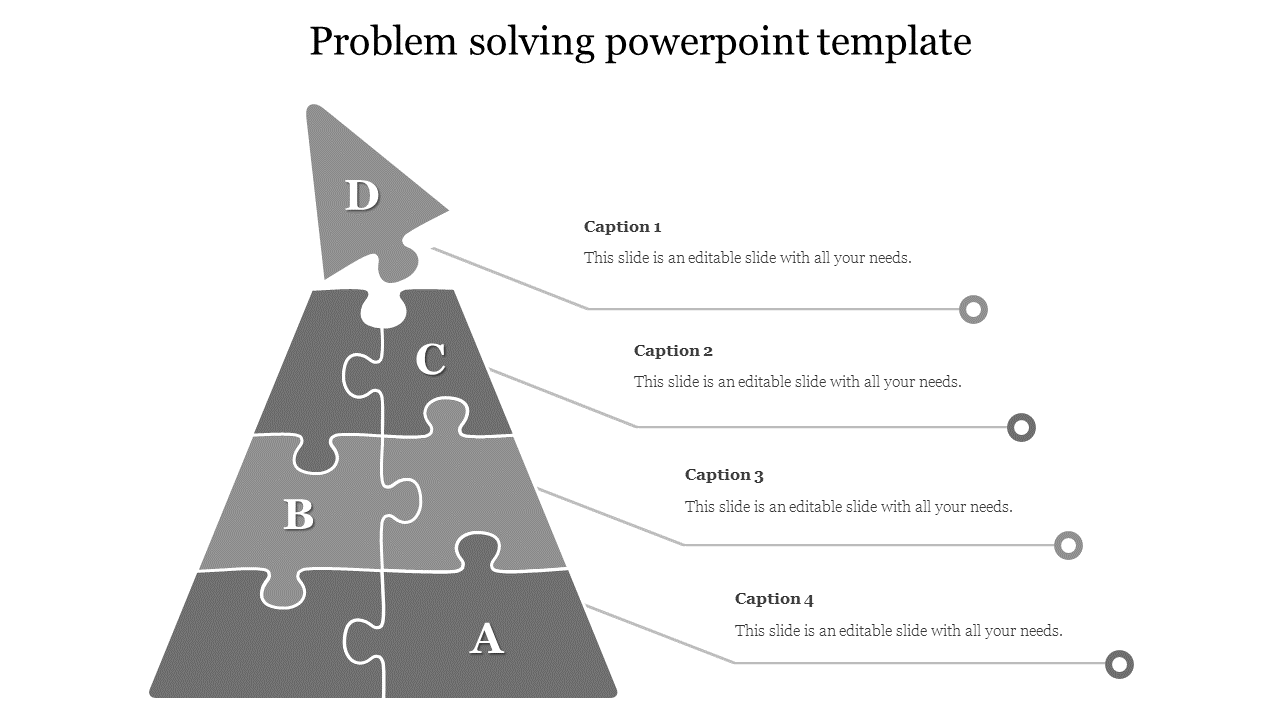 Four-piece pyramid puzzle labeled A to D with caption lines on the right, illustrating problem-solving steps.