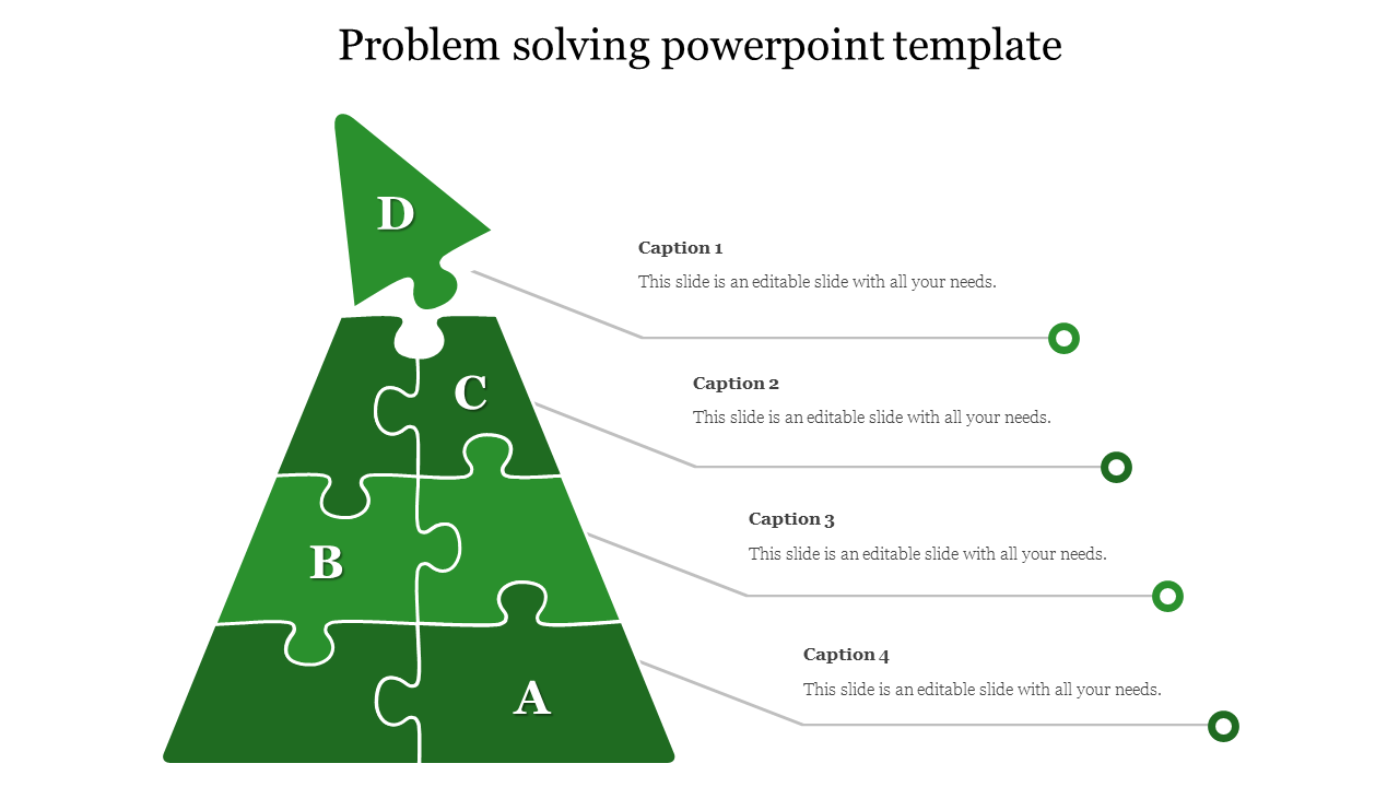 Green pyramid puzzle diagram with four labeled pieces A to D, and corresponding captions on the right.