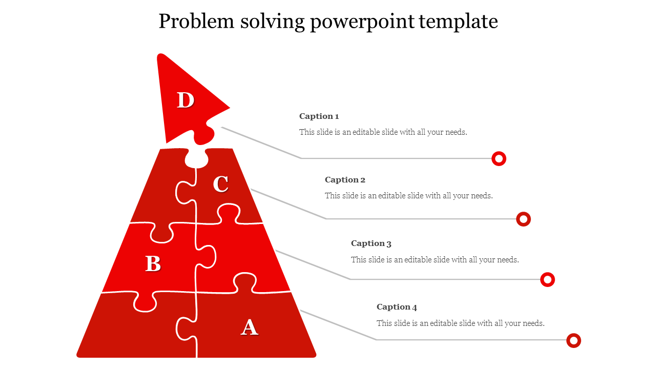 Problem solving infographic with a red triangular puzzle, featuring four labeled sections, and description points.