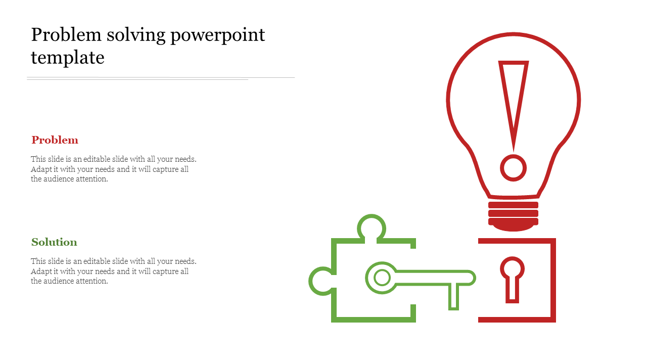 Graphic of a red light bulb with an exclamation point and a green puzzle piece with a key, with problem and solution text.