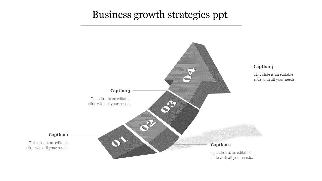 Business growth strategies PowerPoint slide showing four numbered sections with icons on a grey arrow with captions.