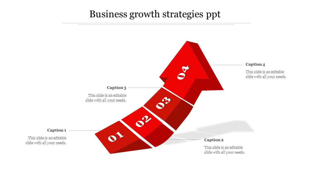 Red curved ascending arrow infographic with four steps, representing a growth process with labeled captions.