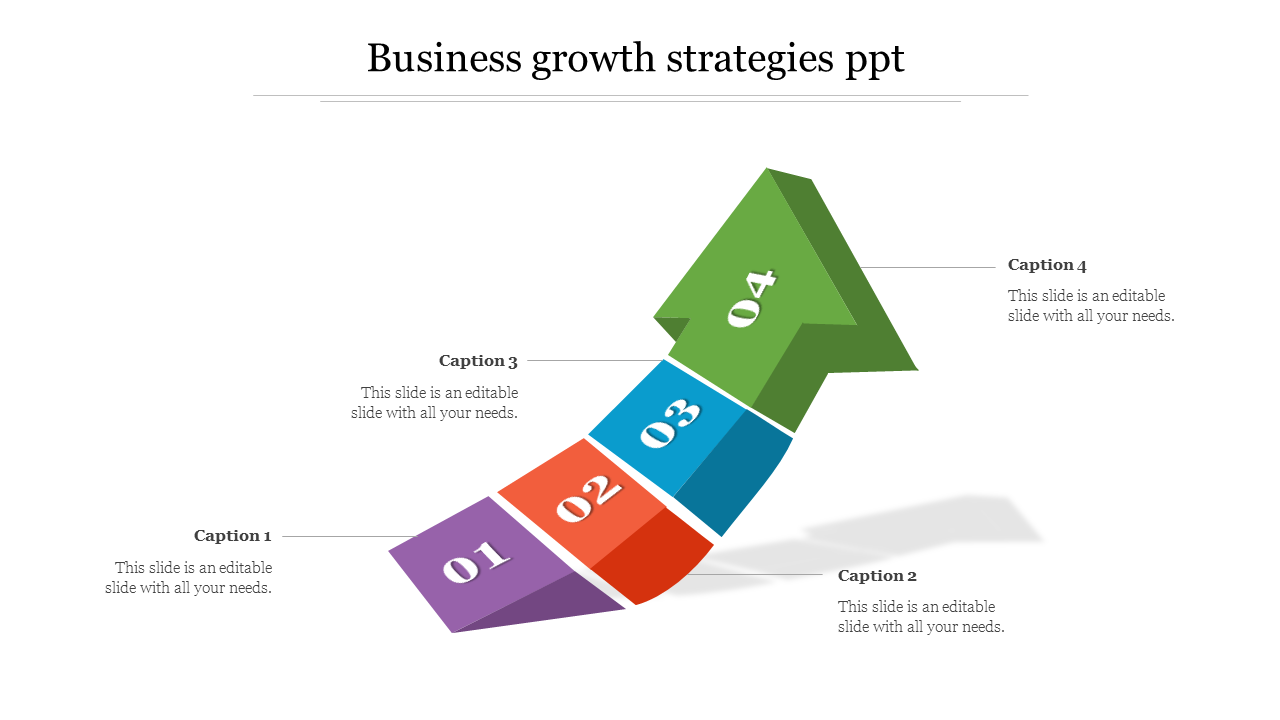 Upward arrow composed of four colorful blocks representing growth stages with four caption areas placed in a white backdrop.