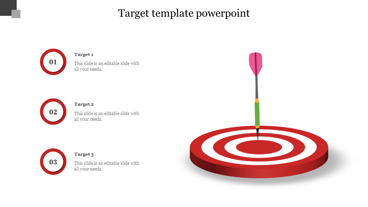 Dart hitting the center of a red and white target, with three numbered captions on the left.