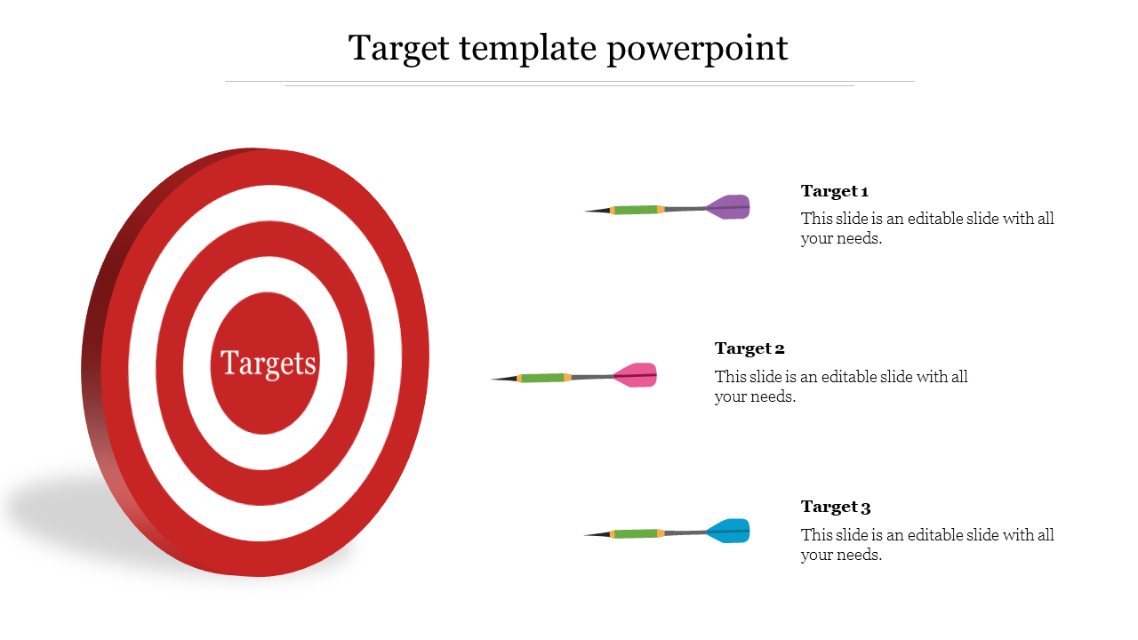 Large red target, with three darts in purple, pink, and blue next to text boxes on the right.