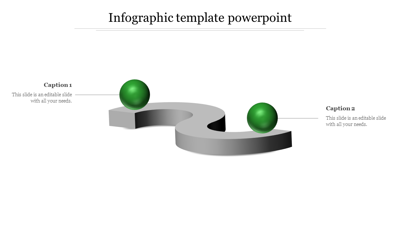 Infographic slide with a 3D curved path and two green spheres marking key points, each labeled with captions.