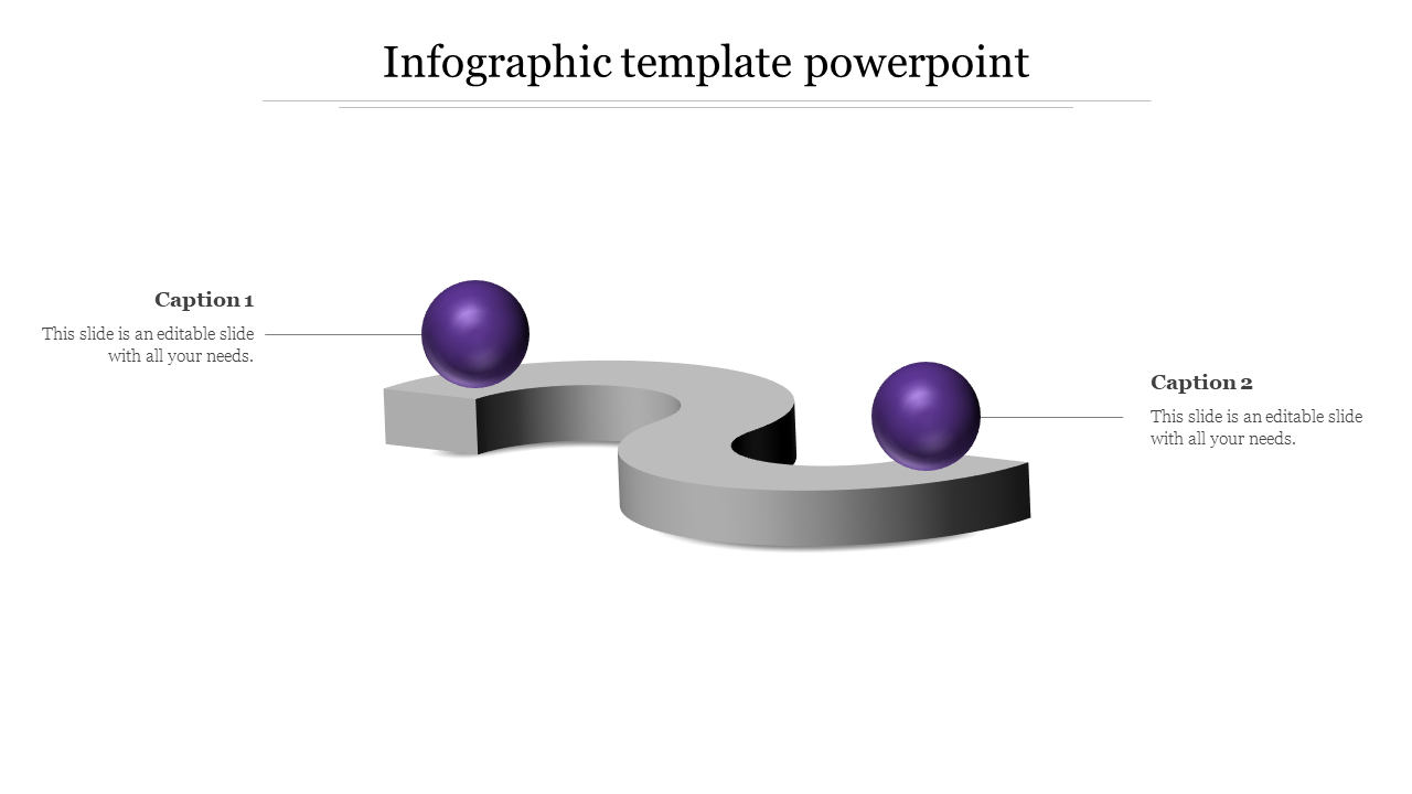 Infographic slide featuring a 3D wavy gray platform with two purple spheres and captions on either side.