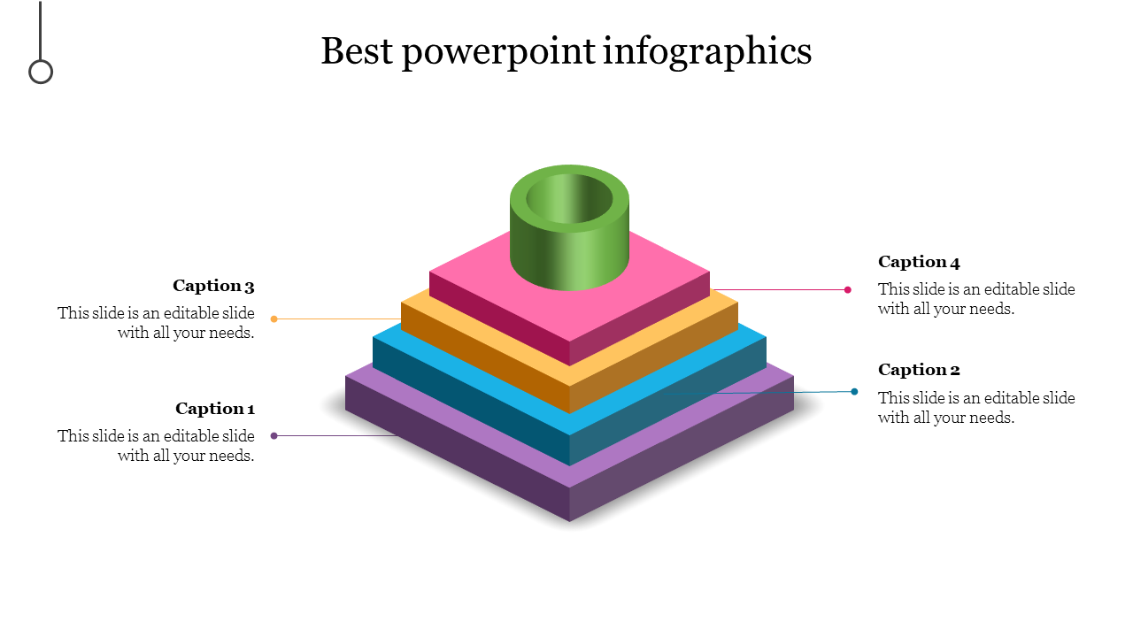 Colorful infographic pyramid with four stacked layers in shades of purple, blue, green, and pink, topped with a green ring.