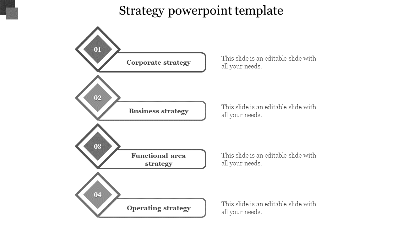 Grayscale strategy infographic with four diamond shaped numbered steps connected to labeled descriptions.