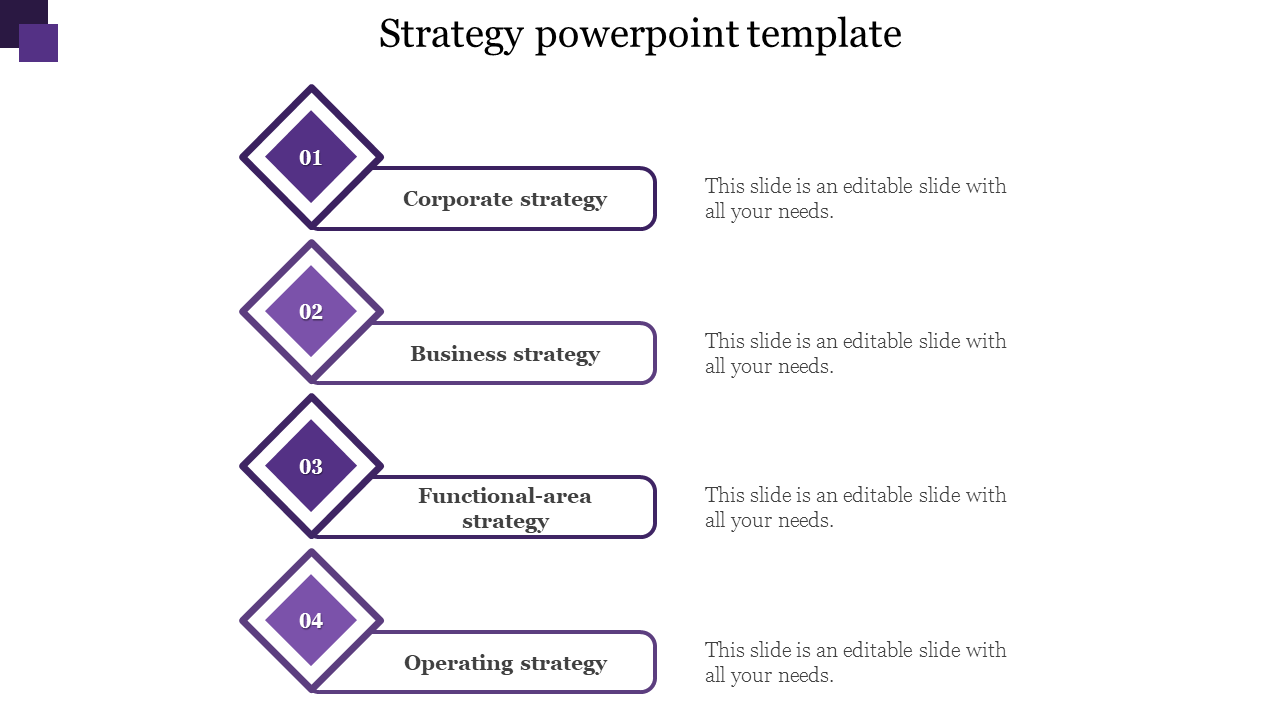 Modern strategy slide with four numbered purple diamonds connected to text descriptions for corporate planning.