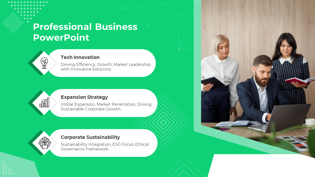 Professional business PPT slide with three sections alongside a business team on a green theme with icons.