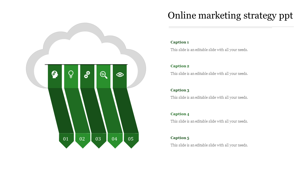 Online marketing strategy template with five green arrows beneath a cloud, each containing an icon and space for captions.