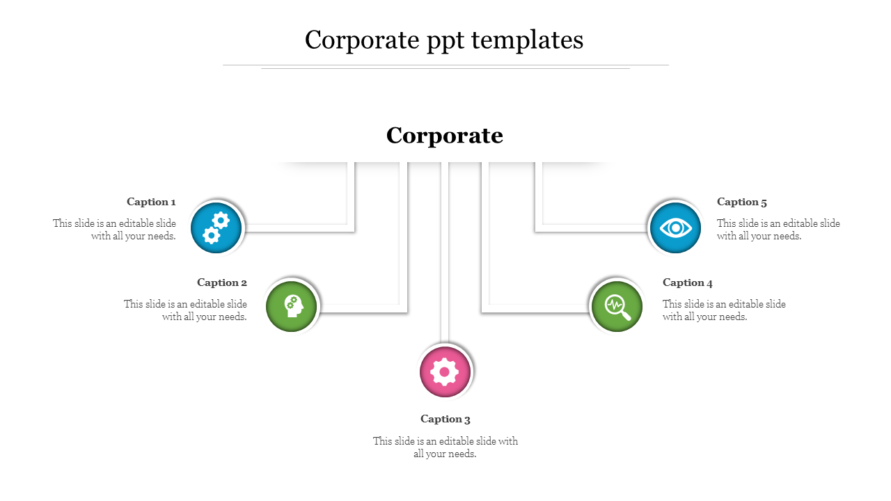 Corporate PPT slide with colored icons representing settings, vision, intelligence, and analysis with captions.