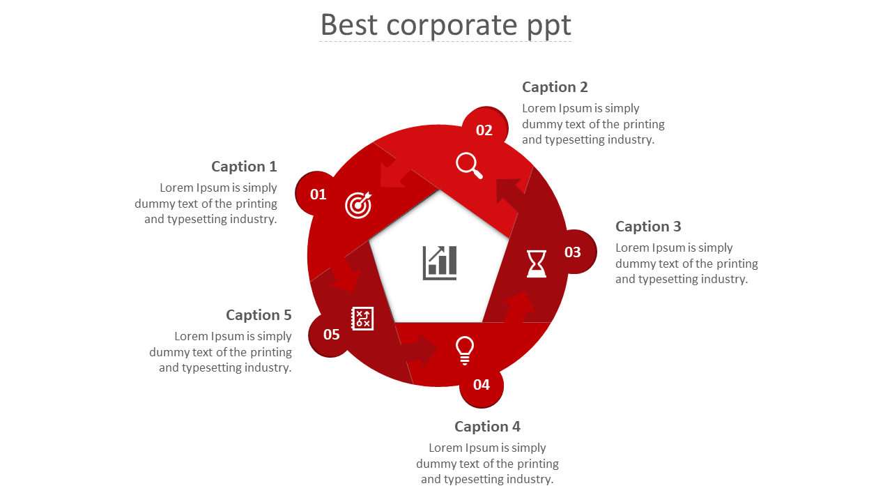 Best corporate PowerPoint slide showing a red circular flow with five sections, each labeled 01 to 05 with captions.