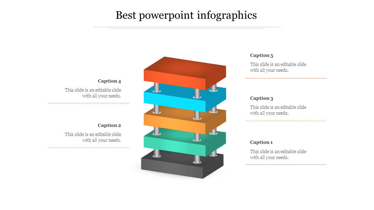 Best infographic design slide with multi colored stacked boxes, each layer representing a different concept or stage.