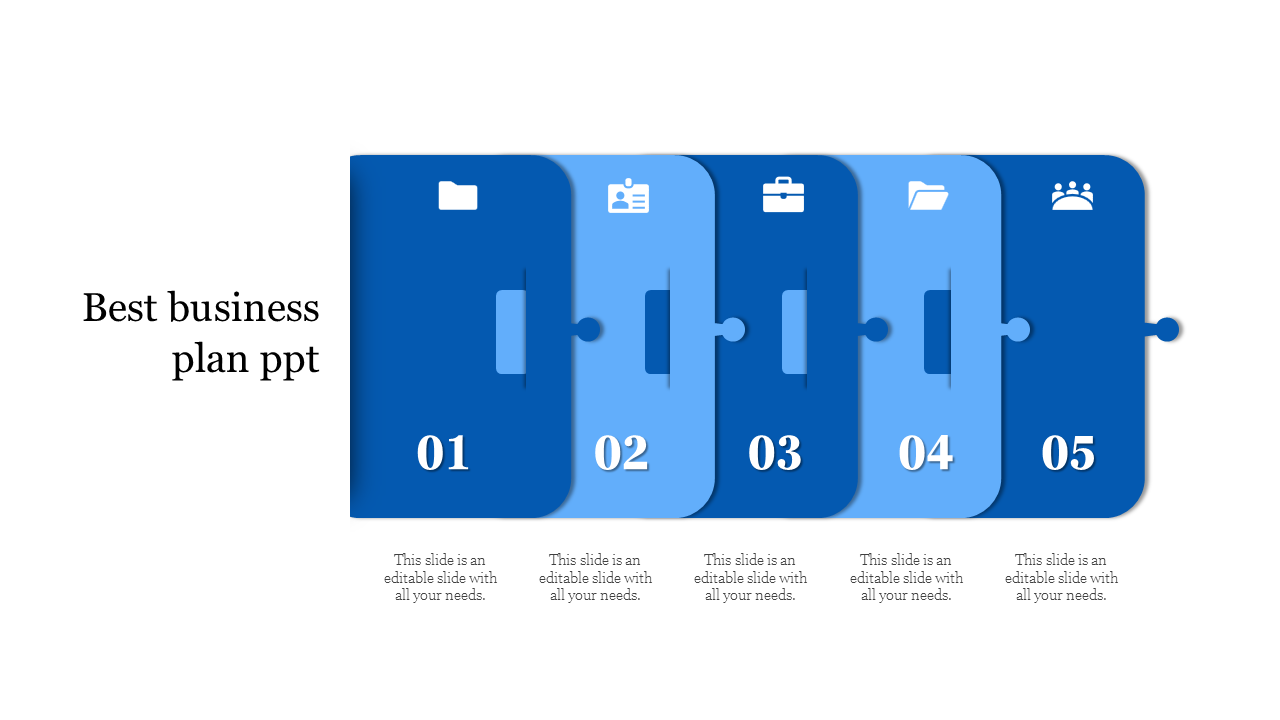 Business plan PowerPoint template with blue and light blue tabs, each with corresponding icons and placeholder text.