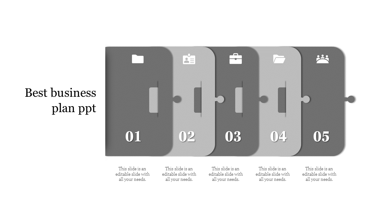 Five step business plan diagram with gray interlocking puzzle pieces, each labeled with an icon and number.