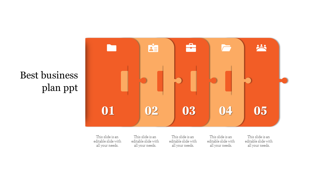 A five step business plan PPT slide with orange tabs and icons folder, ID card, briefcase, folder, and group of people.