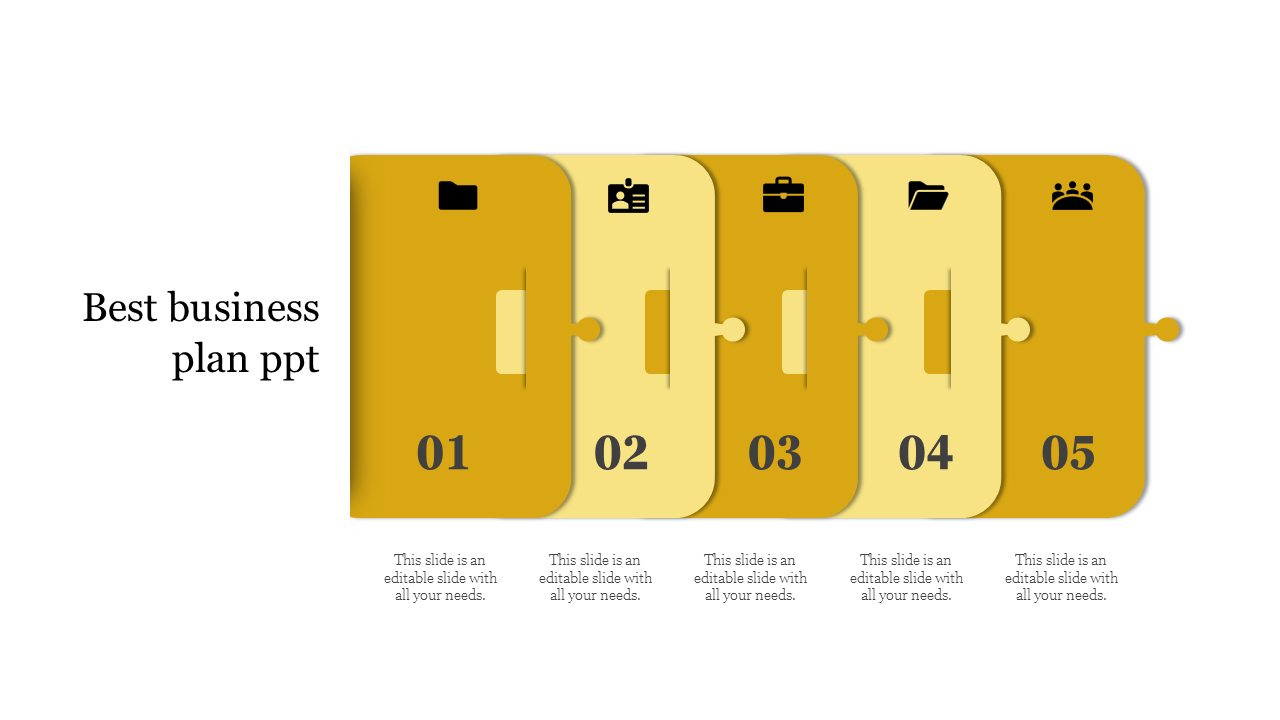 A five step business plan PPT slide with yellow tabs and icons folder, ID card, briefcase, folder, and group of people.