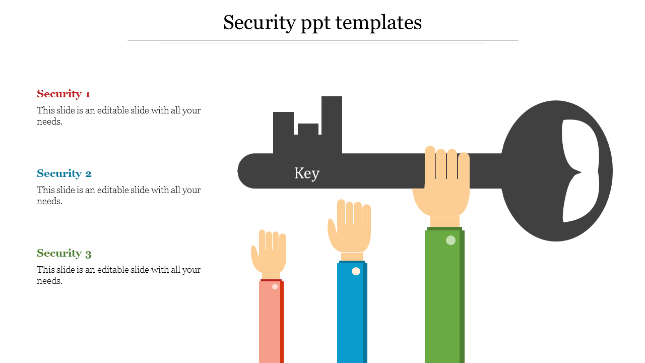 Security themed slide with a key graphic and multiple related with placeholder text.