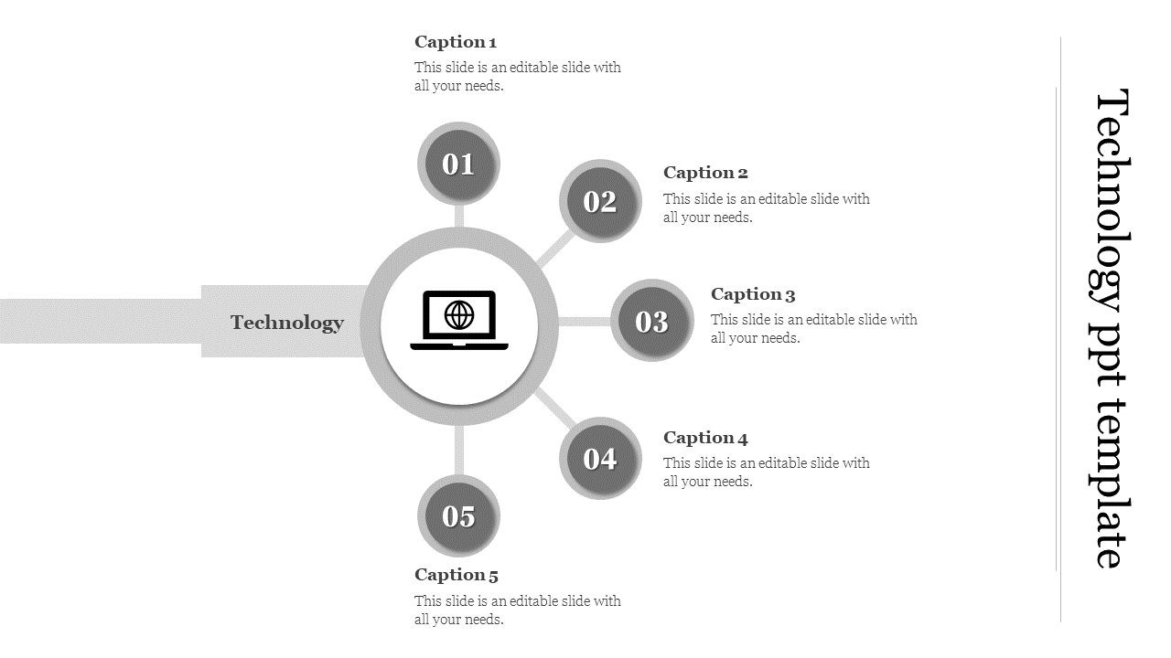 Technology PowerPoint template with a central laptop icon and five grey numbered sections for captions.