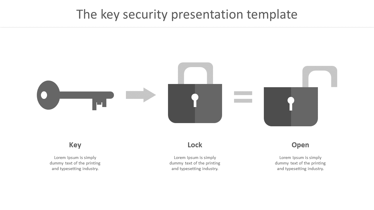 Three step security concept with a key leading to a locked and an open padlock in gray shades.