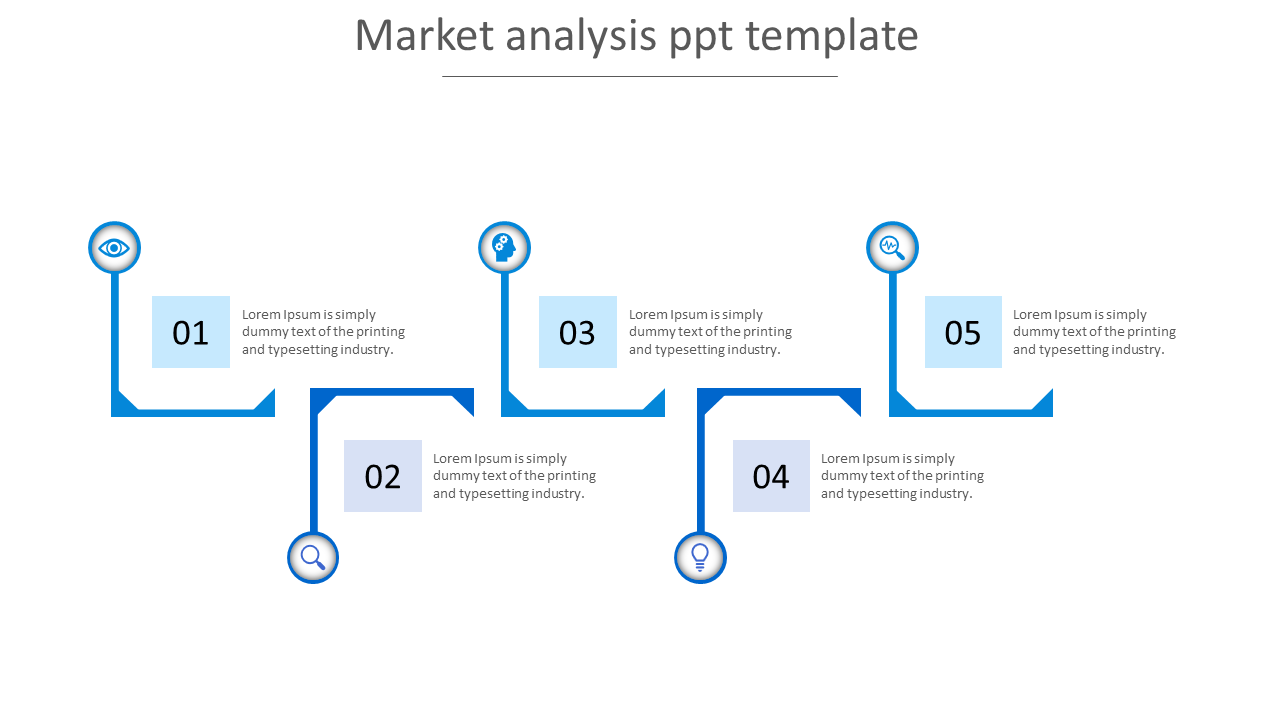 Market analysis PPT slide featuring six steps, each with icons for eye, search, settings, light bulb, and data visualization.