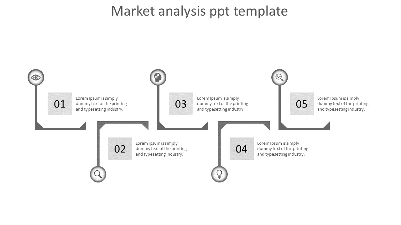 Market analysis template featuring a linear flow of five steps with numbered boxes and gray circular icons.