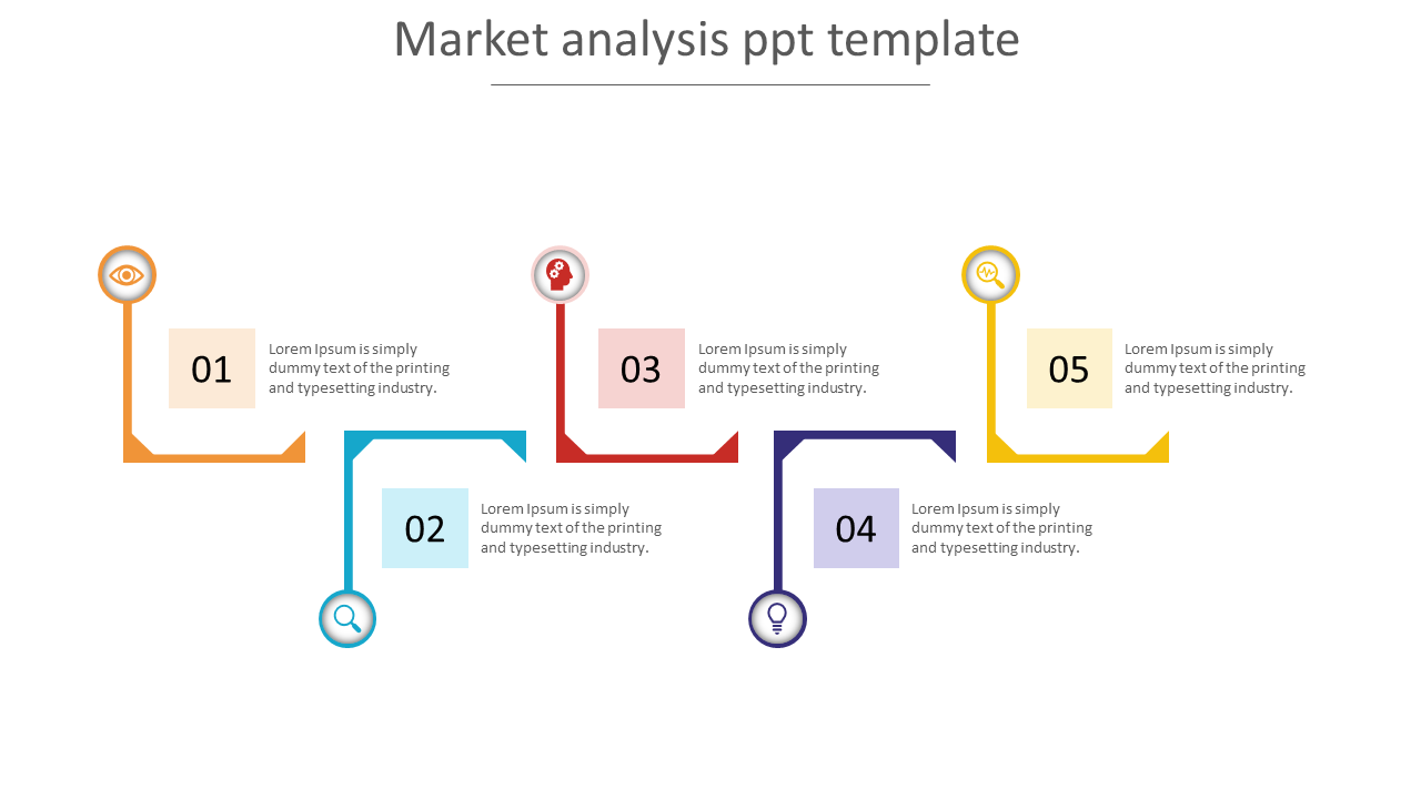 Market analysis slide with five process steps in orange, blue, red, purple, and yellow, arranged alternately with icons.