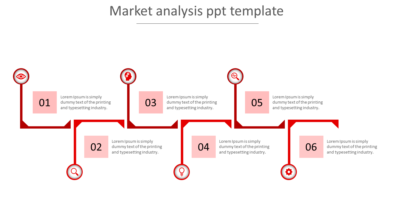 Market analysis infographic with six red connectors, featuring icons and numbered sections arranged alternately.