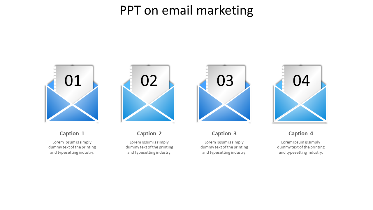 Email Marketing slide featuring four email icons with numbered placeholders for captions and text descriptions.