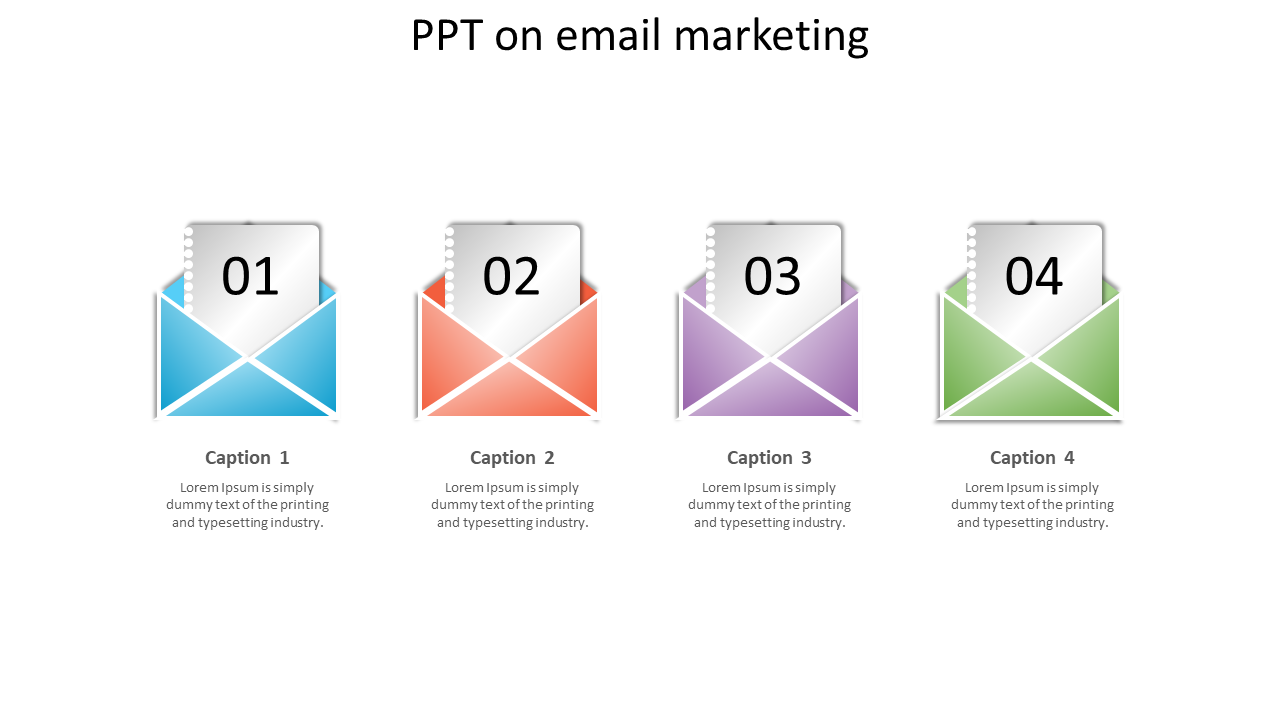 Slide with four colorful envelopes in blue, orange, purple, and green, each with numbered pages and captions below.