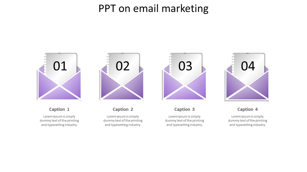 Email marketing slide showing four purple envelopes, each with a numbered document emerging and caption areas. 