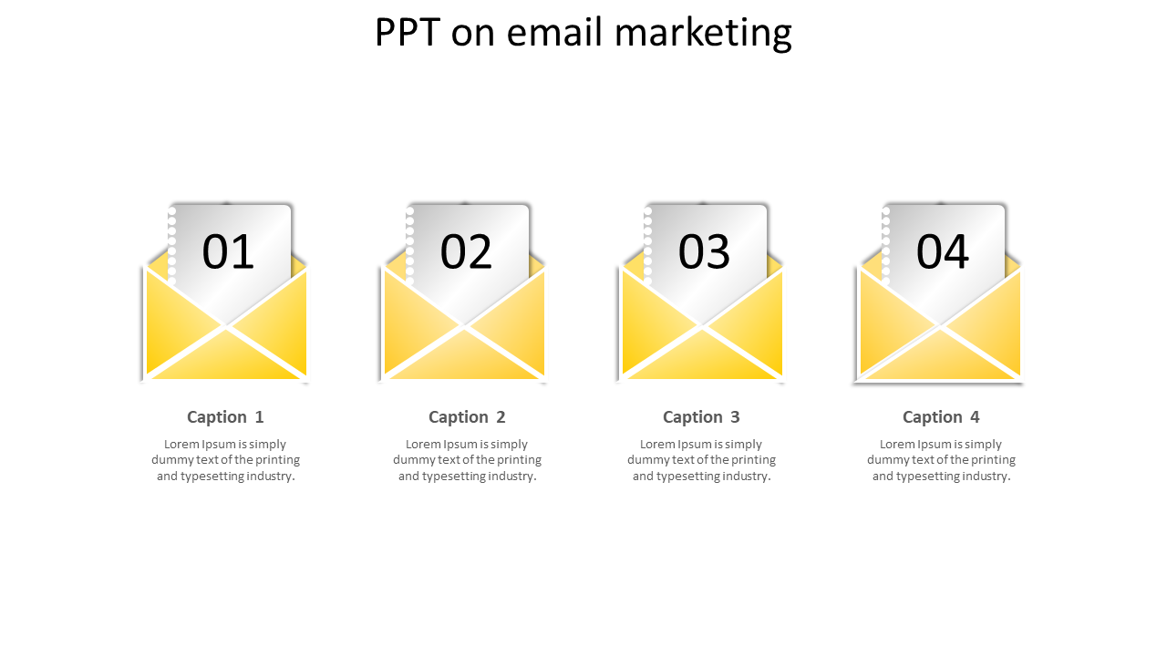 Row of four yellow open envelopes with white papers labeled 01 to 04, illustrating an email marketing concept.