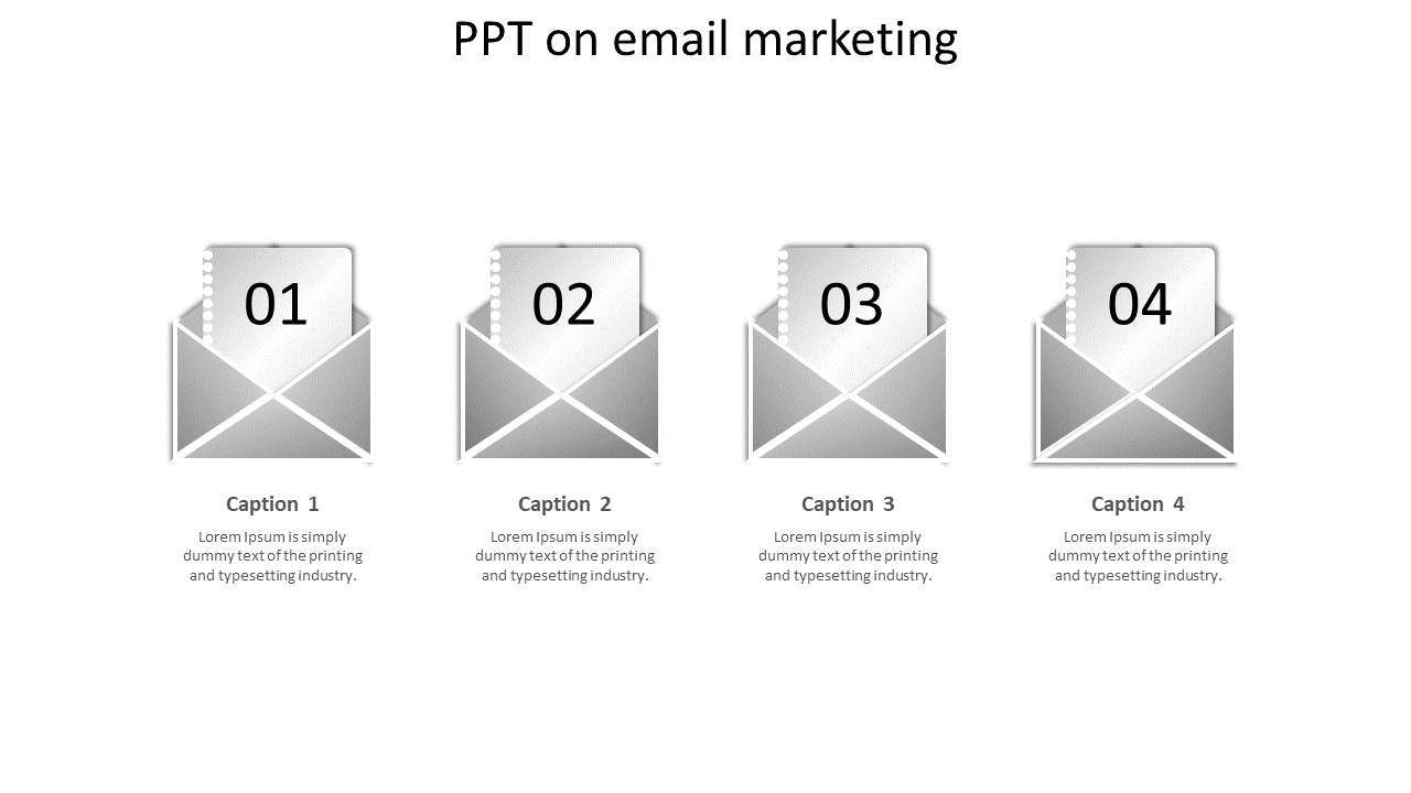 PowerPoint slide with four mail envelope icons labeled 01 to 04, representing steps in email marketing with captions.