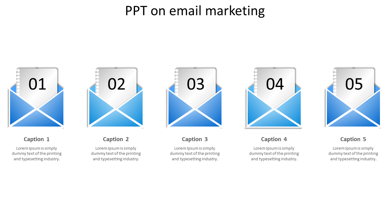 PPT email marketing template with five envelopes, each containing a numbered document, arranged from 1 to 5.