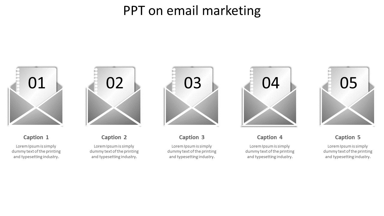 Row of five gray envelope icons, each containing numbered sheets, aligned horizontally with captions below.