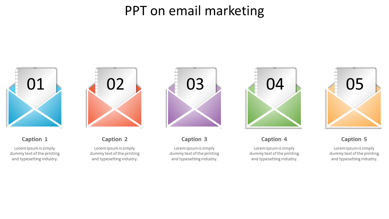 Email marketing PowerPoint template with five colored envelopes, each containing a numbered caption.