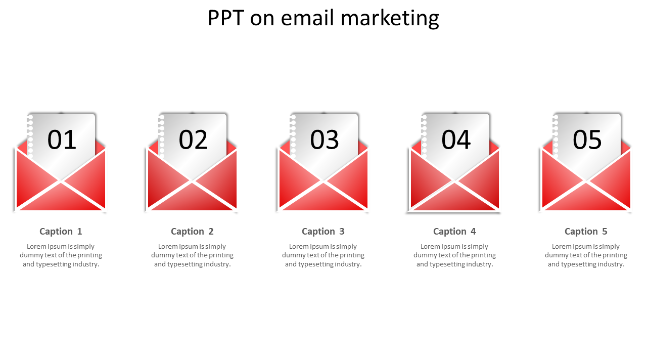 Email marketing template with five envelopes, each numbered, and spaces for captions areas.