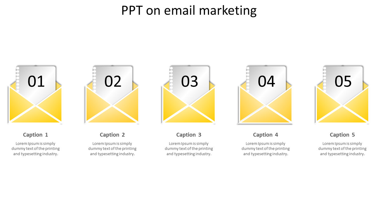 Email marketing PowerPoint template with five yellow envelopes and numbered captions.