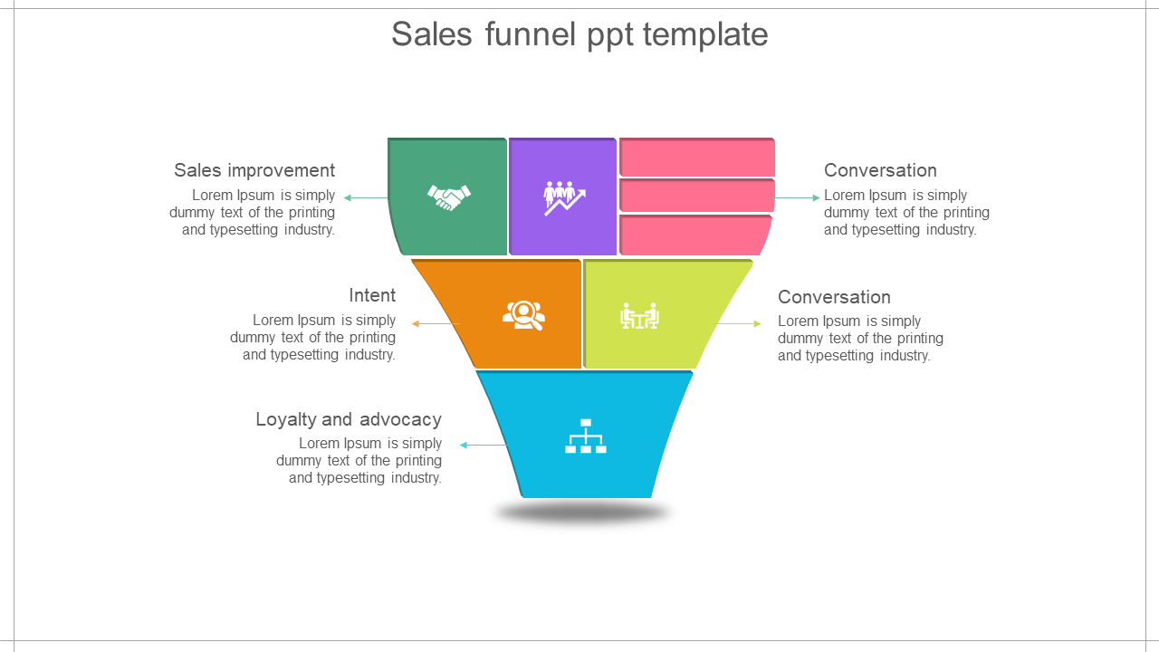 A colorful sales funnel slide featuring five distinct sections from sales improvement to a conversation with placeholder text.