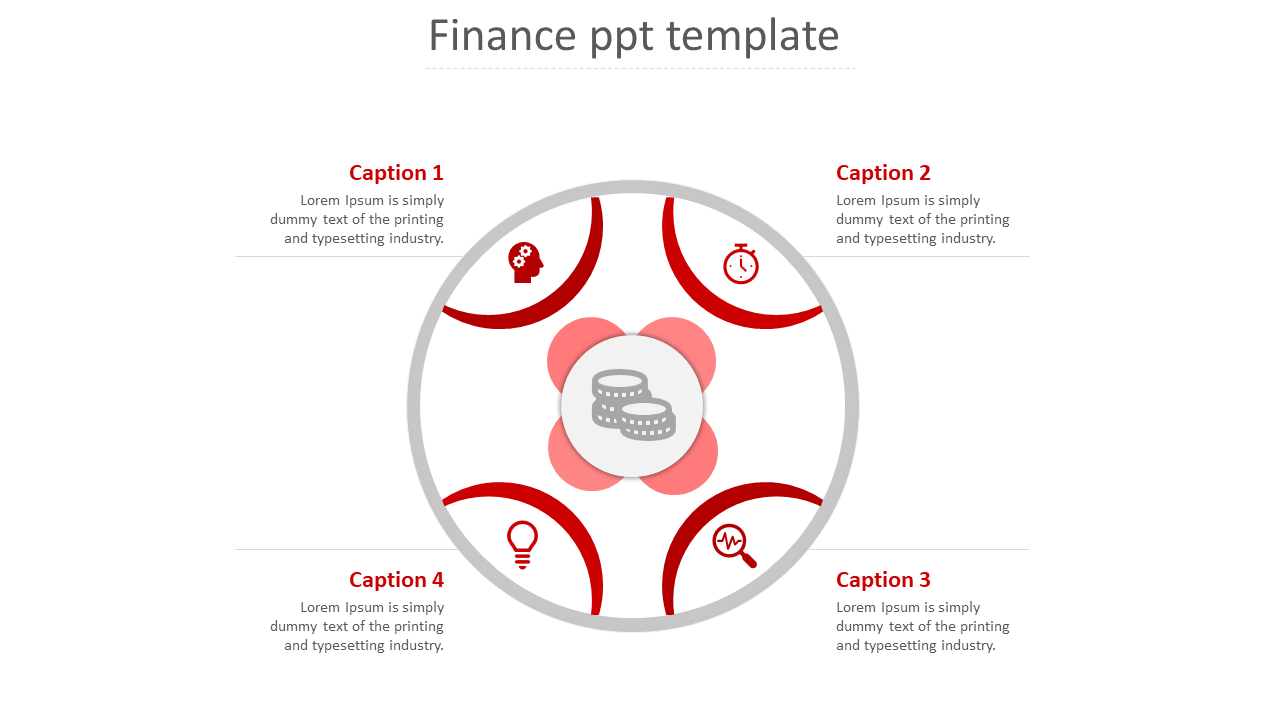 Finance template featuring a round diagram with four red sections and a coin icon in the center.