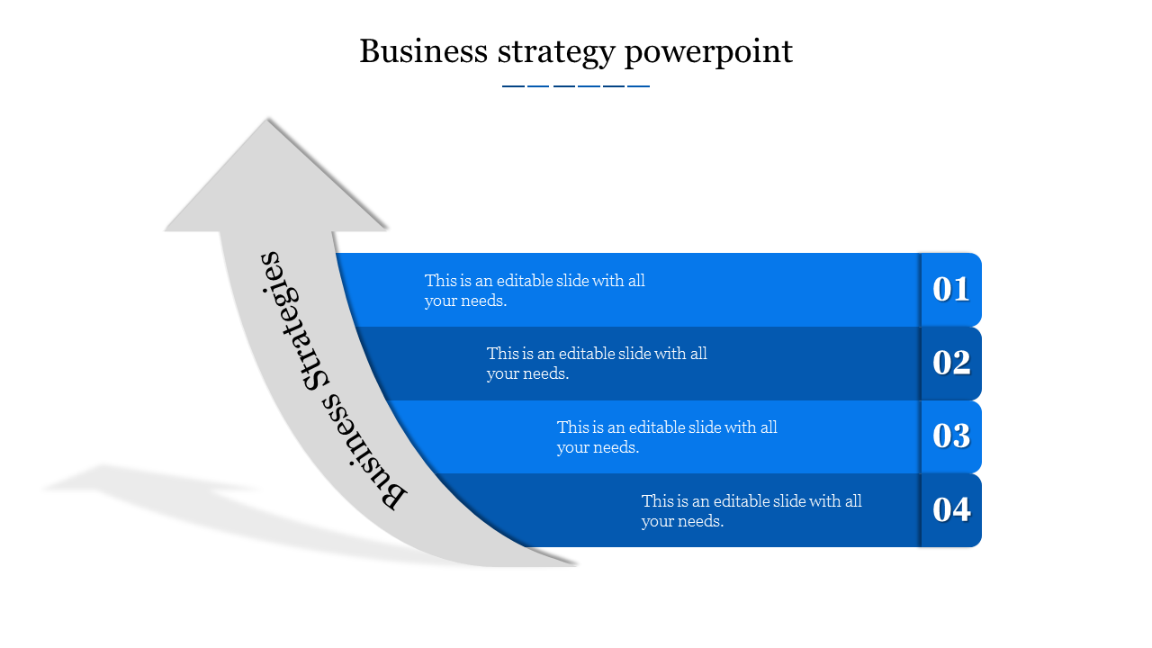 A blue stepwise business strategy infographic with four numbered sections and a large curved gray arrow.