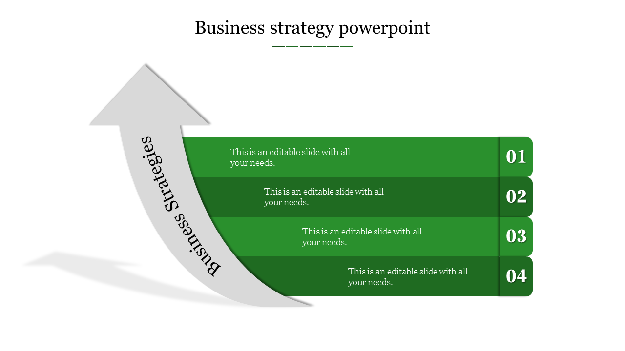 Business strategy PPT slide with grey arrow, showing four green steps and with placeholder text.