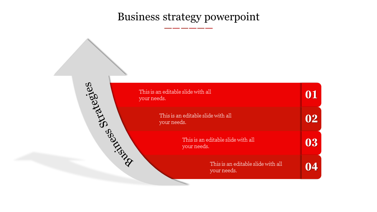 Business strategy PPT slide with grey arrow, showing four red steps and with placeholder text.