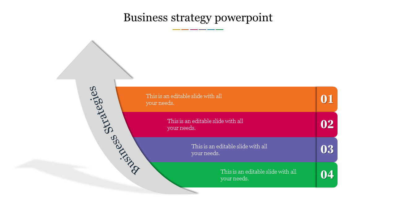 Upward-pointing arrow graphic with four color-coded layers representing sequential business strategy steps.