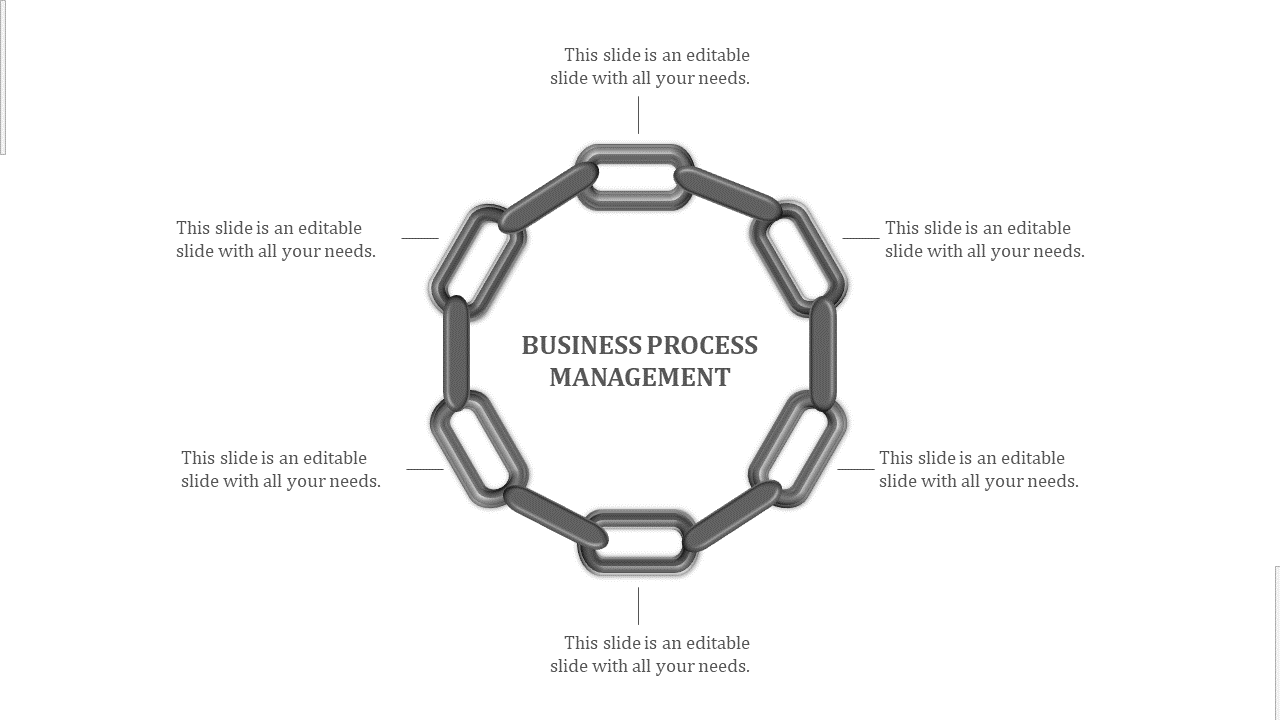 Business process management infographic with six interconnected gray chain links forming a closed loop.