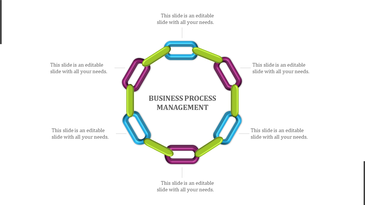 Business process management PowerPoint slide with a circular chain in blue, purple, and green in the center.