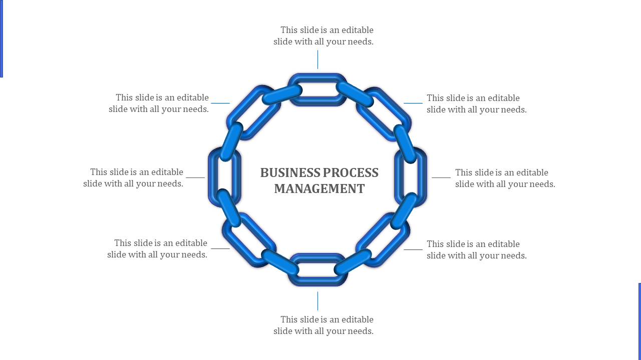 Linked blue chain infographic illustrating a continuous business process with eight descriptions.