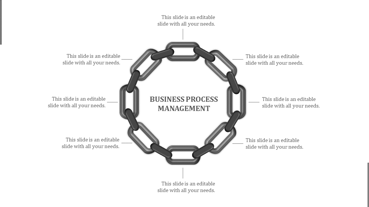 Circular chain illustration in gray with interconnected elements of business process management, and text placeholders.